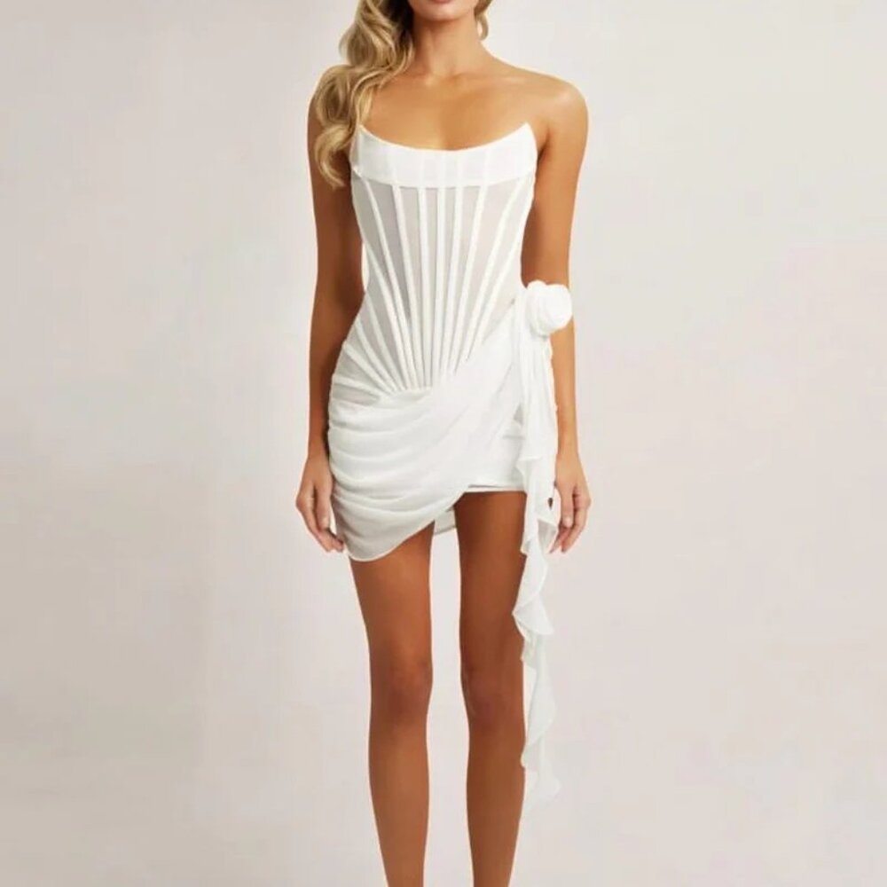 Heiress Beverly Hills White chiffon mesh corset flower drape mini dress